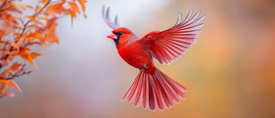  A red bird flies in the air, wings extended, displaying widespread red feathers