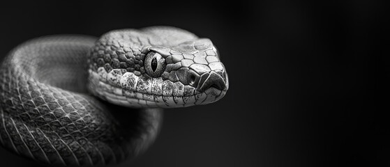  A black-and-white image of a snake with its head positioned near its midsection