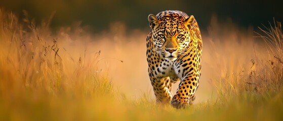  A tight shot of a cat strolling through a verdant meadow Grass blades tower over it in the foreground, while the background softly blurs