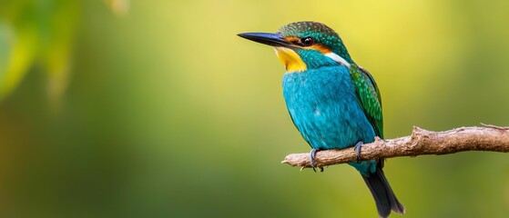  A vibrant bird perches on a tree branch against a blurred backdrop of green and yellow hues
