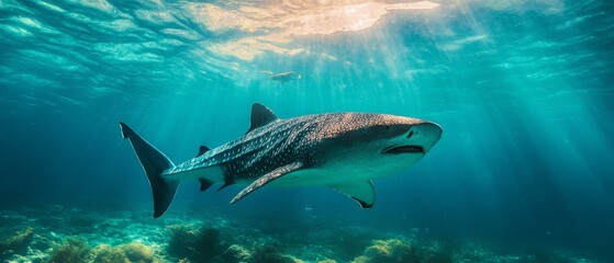 Obraz premium A large shark swims in the ocean with the sun shining down on its head A fish is situated in the background