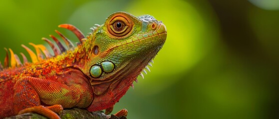 Naklejka premium A tight shot of an orange-green lizard perched on a tree branch against softly blurred green foliage