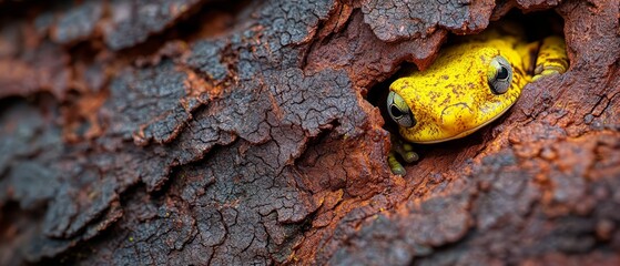  A tight shot of a tree trunk featuring a tiny yellow object embedded within its bark