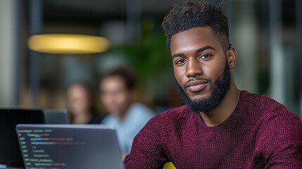 Young Man with Laptop in Modern Workspace Environment