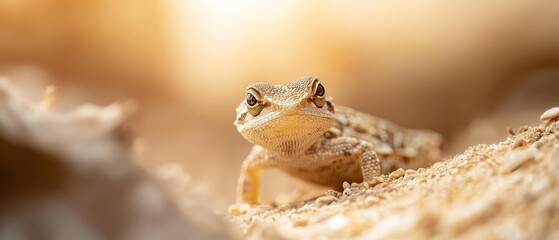 Obraz premium A tight shot of a tiny lizard perched on a rock, gazing intently at the camera, surrounded by a hazy background