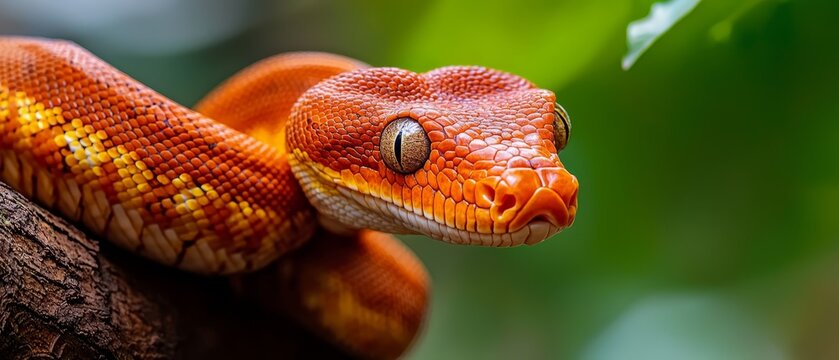  A snake up-close on a tree branch against a blurred backdrop of greenery with distinct green leaves