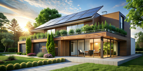 Fototapeta premium Stylish, eco-friendly home with solar panels and greenery , solar panels, stylish, eco-friendly, home