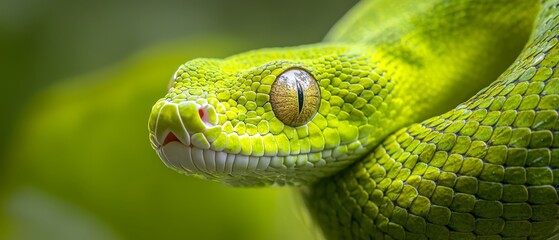  A tight shot of a green snake's head featuring a yellow-and-white striped chest