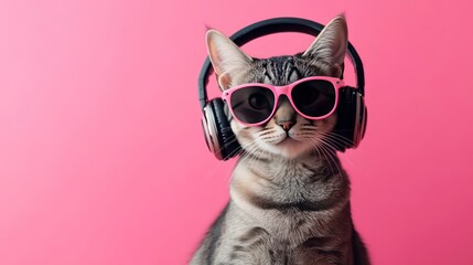 A cool cat wearing headphones and sunglasses.