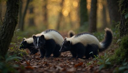 Fototapeta premium Group of badgers foraging in a forest with autumn foliage and soft sunlight. Forest wildlife scene.