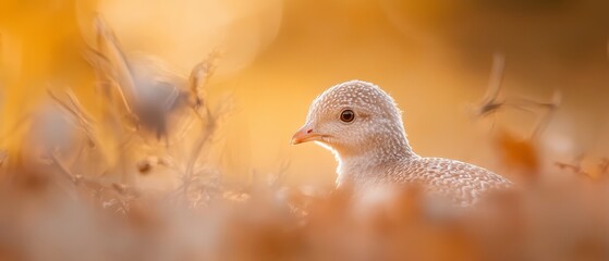 Obraz premium A tight shot of a tiny white bird amidst a sea of grass The field is speckled with yellow and brown leaves in the backdrop
