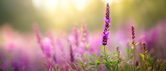 Naklejka premium A field filled with purple flowers, sun shining through the background trees