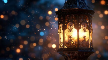 Ornate lantern glowing in the night with bokeh lights.
