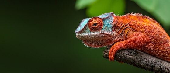  A tight shot of a chameleon perched on a branch against a backdrop of a large green leaf In the foreground, another green leaf is situated nearby