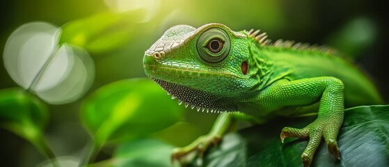 Obraz premium A tight shot of a green chameleon perched on a leafy branch against a backdrop of brilliant light