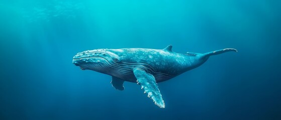 Fototapeta premium A humpback whale swims beneath the water's surface, opening its mouth Its head emerges above the surface