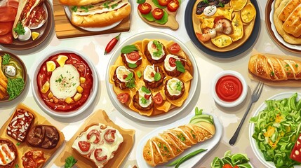 A collection of top view food menu recipes, showcasing a variety of dishes beautifully arranged. This layout features vibrant ingredients and presentations