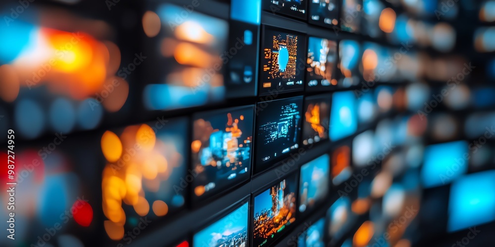 Poster a wall of screens displaying various images with an out of focus background with a blurred backgroun
