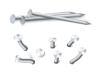Nails hammered into wall steel straight and bent metal hardware spikes. Hobnails with grey caps top view isolated on transparent background. Vector