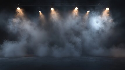 Obraz premium Four spotlights illuminate a smoky stage.