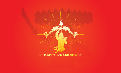 Vector illustration of Lord Rama and Ravana fight background for Dussehra festival wishes greeting card.