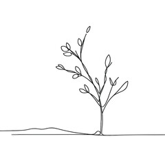 Minimalist continuous line drawing of plant with leaves on white background