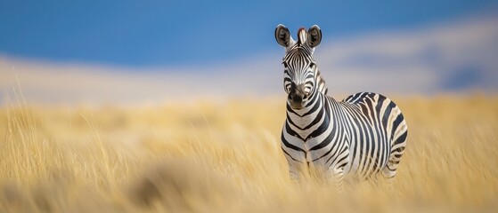  A zebra stands amidst a field of tall grass, surrounded by a blue sky