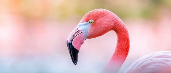 Naklejka premium A tight shot of a pink flamingo, head askew, against a softly blurred background