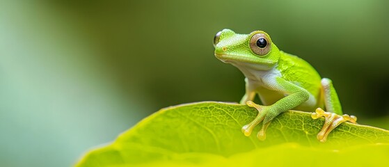 Obraz premium A frog up-close on a sharp leaf Backgrounds softly blurred, front and rear