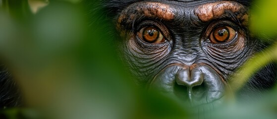  A tight shot of a monkey's face peering from behind tree leaves, gazing into the camera lens