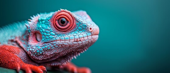 Fototapeta premium A tight shot of a lizard's face against a backdrop of its body featuring a blue-red coloration
