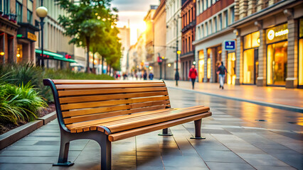 Fototapeta premium A wooden bench on a bustling city street , urban, sidewalk, public seating, park bench, street furniture