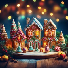 Naklejka premium Lebkuchen-Weihnachtsdorf mit festlichen Lichtern und Dekorationen