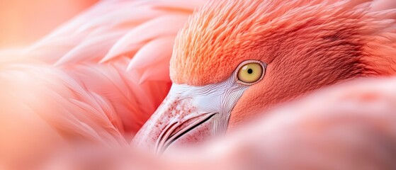 A tight shot of a pink flamingo's head and neck, revealing a yellow beady eye