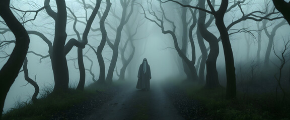 Naklejka premium Figure in a Foggy Forest.