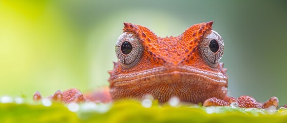 Fototapeta premium A tight shot of a lizard's face against a softly blurred background of green foliage