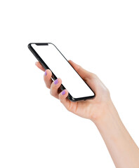 Hand holding the black smartphone with mockup of blank screen on isolated white background.