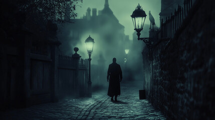 A skeletal figure walking down a cobblestone street, illuminated by old gas lamps, gothic arthouse pictures on the theme of halloween