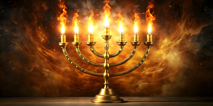 Seven-armed golden menorah candlestick in a tabernacle sanctuary with fire and flame effects, Seven arms, golden