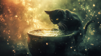 A witch's cat stirring a potion in a cauldron with bubbles rising, gothic arthouse pictures on the theme of halloween