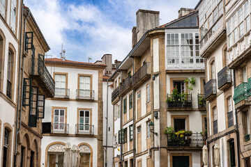 Typical picturesque houses in the Galician city of Santiago de Compostela, Spain.