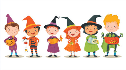 A group of trick-or-treaters in colorful costumes, cartoon halloween pictures