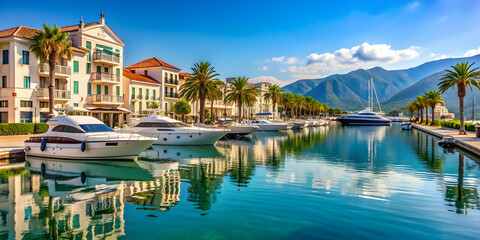 Yachts moored along the piers of Porto Montenegro, resort town with luxury boats and clear blue water , Porto Montenegro