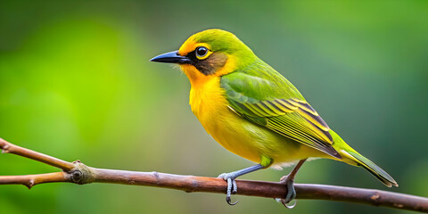 Obraz premium Yellow-bodied bird with green wings perched on a branch, bird, wildlife, nature, colorful, beauty, feathers, perched, branch