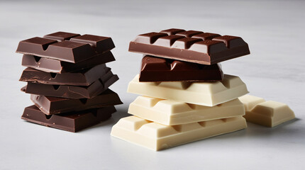 Two Stacked bars of milk, dark, and white chocolate. Neutral background