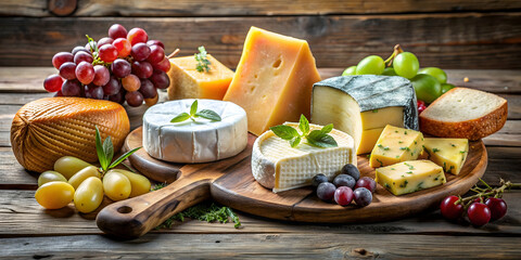 Assortment of artisanal cheeses, fresh grapes, and delicacies on rustic wooden board, artisanal, cheeses, grapes