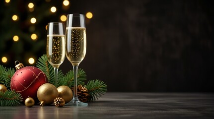 champagne and christmas decorations