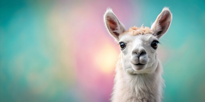 Cute llama with a sweet face on a pastel background, llama, cute, face, sweet, animal, pastel, background, adorable, fluffy, white