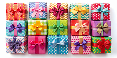 Colorful and vibrant collection of gift boxes with assorted patterns and bows, gifts, presents, celebration, holiday