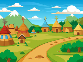 Cartoon Tribal Village in Nature